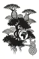 dna helix tree trunk with roots shapped like African continent and filipino sun in the background.  with adinkra symbols tattoo design idea