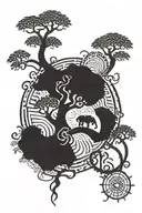 dna helix tree trunk with roots shapped like African continent and filipino sun in the background.  with adinkra symbols tattoo design idea