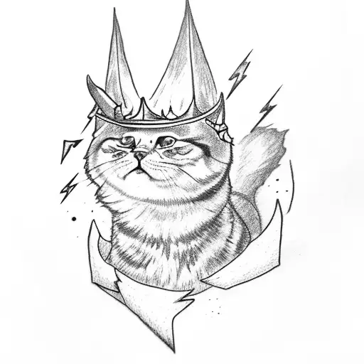 full body cat with bat wings and fangs, wearing a crown, with a lightning bolt on its chest tattoo design idea