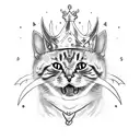 full body cat with bat wings and fangs, wearing a crown, with a lightning bolt on its chest tattoo design idea