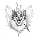 full body cat with bat wings and fangs, wearing a crown, with a lightning bolt on its chest tattoo design idea