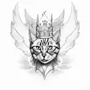 full body cat with bat wings and fangs, wearing a crown, with a lightning bolt on its chest tattoo design idea