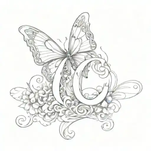 letter C with butterfly wings black and white drawing tattoo design idea