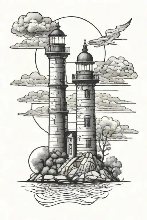 light house New York skyline in the background tattoo design idea