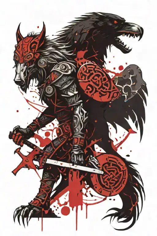 Viking runes crow wolf axe red black gods skulls tattoo design idea