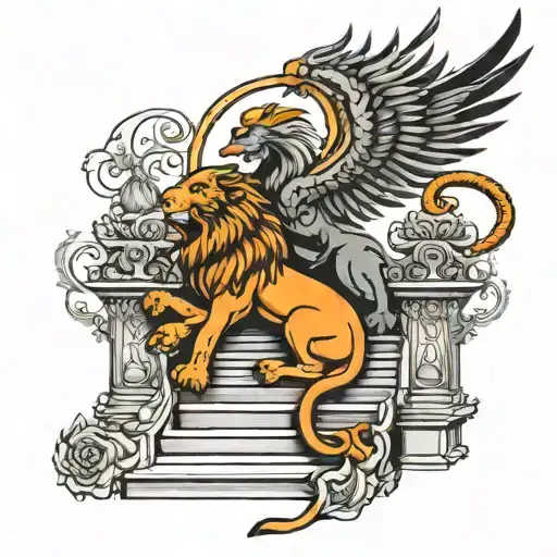 lion and phoenix on the stairs tattoo design idea