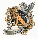 lion and phoenix on the stairs tattoo design idea