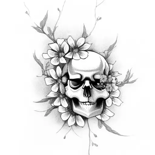 Design a skull surrounded by cherry blossoms and dried flowers to symbolize the beauty in mental health struggles tattoo design idea