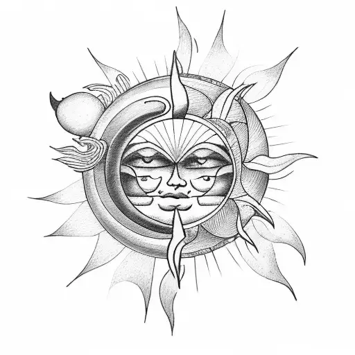 Create a tattoo featuring a sun and moon intertwined with music notes to represent the client's love for music and travel tattoo design idea