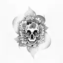 Design a skull surrounded by cherry blossoms and dried flowers to symbolize the beauty in mental health struggles tattoo design idea