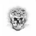 Design a skull surrounded by cherry blossoms and dried flowers to symbolize the beauty in mental health struggles tattoo design idea