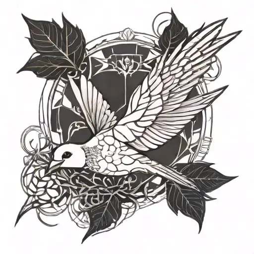 mourning dove flying raven skull thorns wrapped tattoo design idea