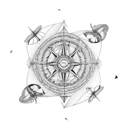 Black and white, compass, butterflies, sunflowers, Hastings pier, the sea and triangles and line.  tattoo design idea