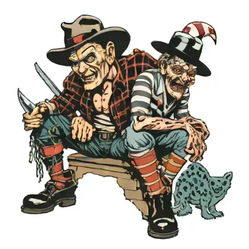 A whole leg tattoo. Neo-trad style. Horror films all together. Cenobites from Hellraiser. Freddie krueger from Nightmare tattoo design idea