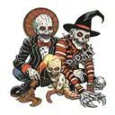 A whole leg tattoo. Neo-trad style. Horror films all together. Cenobites from Hellraiser. Freddie krueger from Nightmare tattoo design idea