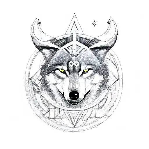 composition of a wolf and a viking warrior with some related geometry, representing wisdom and a link to earth tattoo design idea