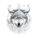 composition of a wolf and a viking warrior with some related geometry, representing wisdom and a link to earth tattoo design idea