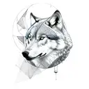 composition of a wolf and a viking warrior with some related geometry, representing wisdom and a link to earth tattoo design idea