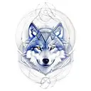composition of a wolf and a viking warrior with some related geometry, representing wisdom and a link to earth tattoo design idea