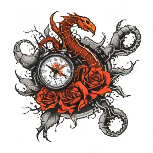 tattoo of a scorpion on the wrist above it a clock and a flying dragon above the elbow tattoo design idea