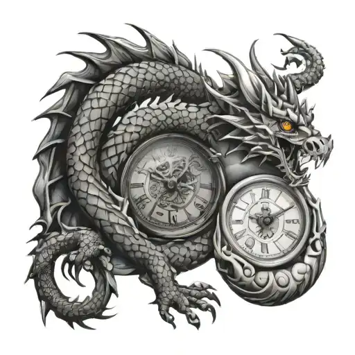 tattoo sleeve dragon, scorpion, clock tattoo design idea