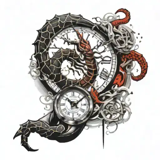 tattoo of a scorpion on the wrist above it a clock and a flying dragon above the elbow tattoo design idea