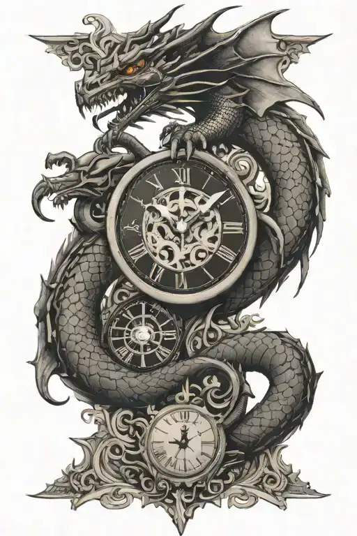 Dragon flying, scorpion, clock tattoo design idea