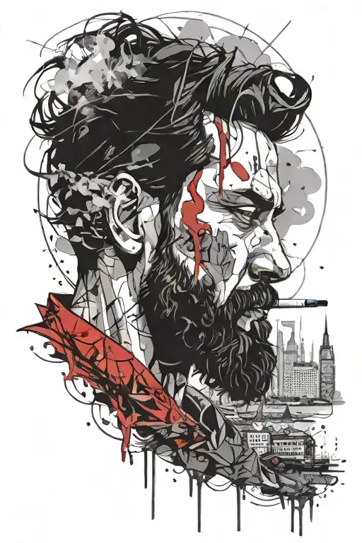 man with black hair and beard looks at the city in the distance while smoking weed tattoo design idea