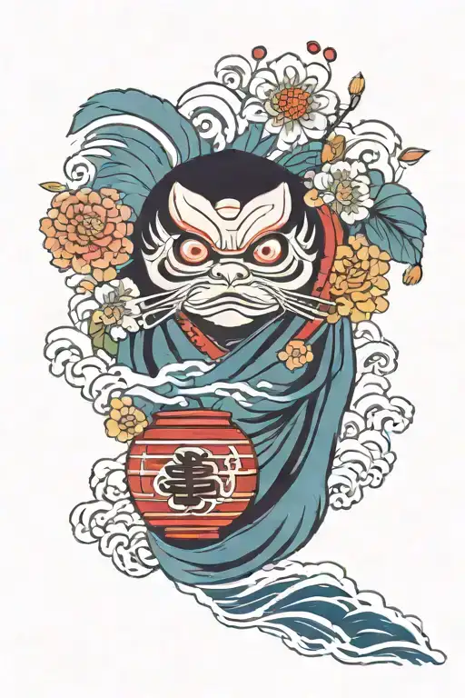 Flower with a daruma doll and wave background tattoo design idea