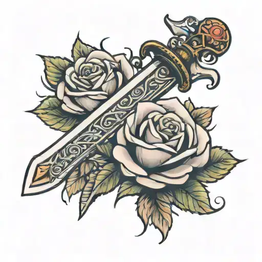 sword wrapped in roses blooming tattoo design idea