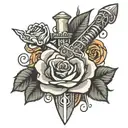 sword wrapped in roses blooming tattoo design idea
