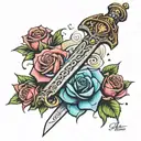 sword wrapped in roses blooming tattoo design idea