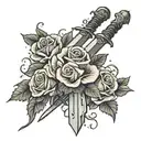 sword wrapped in roses blooming tattoo design idea
