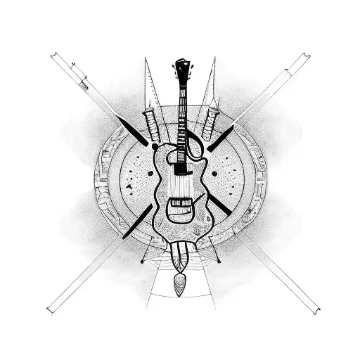 A blackwork tattoo of a guitar surrounded by scientific equations and a memento mori symbol tattoo design idea