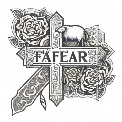 minimalistic design featuring a a cross with the words "fear the lamb" written inside the horizatal section of the cross tattoo design idea