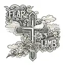 minimalistic design featuring a a cross with the words "fear the lamb" written inside the horizatal section of the cross tattoo design idea