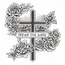 minimalistic design featuring a a cross with the words "fear the lamb" written inside the horizatal section of the cross tattoo design idea