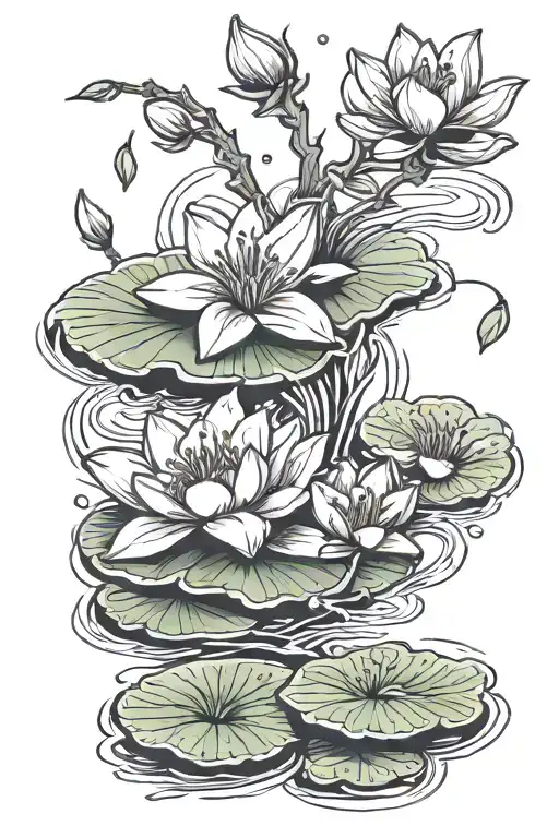 cherry blossom, lily pad, water, wind tattoo design idea