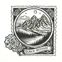 black and white mail  stamp with mountains tattoo design idea