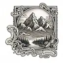black and white mail  stamp with mountains tattoo design idea