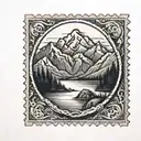black and white mail  stamp with mountains tattoo design idea