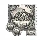 black and white mail  stamp with mountains tattoo design idea