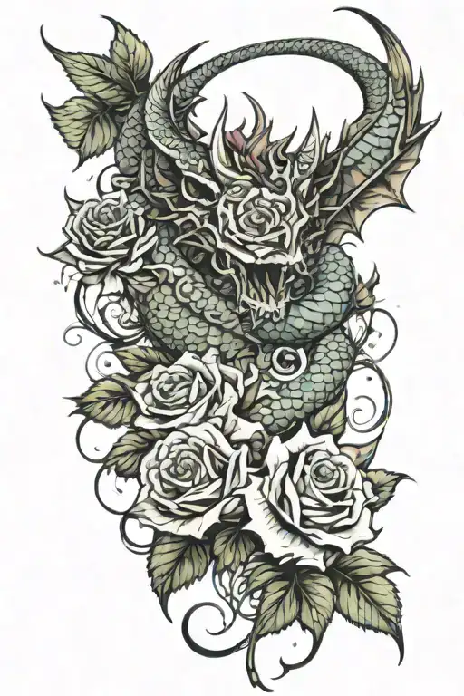 vishall with roses and dragon wrapped tattoo design idea