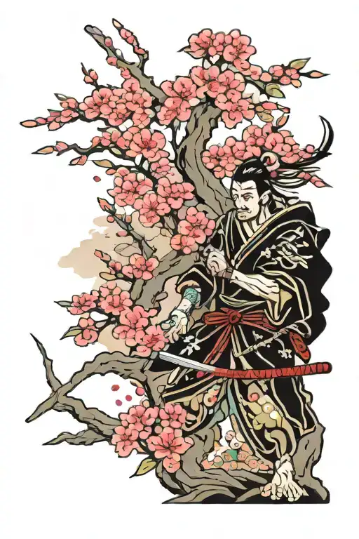 traditional Japanese Sakura tree & samurai warrior tattoo design idea