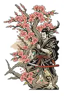 traditional Japanese Sakura tree & samurai warrior tattoo design idea