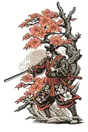traditional Japanese Sakura tree & samurai warrior tattoo design idea