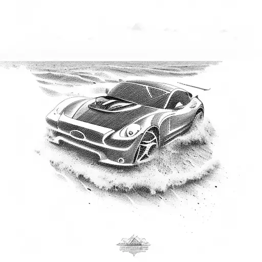 A sleek sports car parked on a sandy beach with waves crashing in the background tattoo design idea