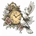 Clock with 10:49 am on it   3 doves   rose 3•26•2020 1965 tattoo design idea