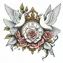 Clock with 10:49 am on it   3 doves   rose 3•26•2020 1965 tattoo design idea