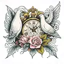 Clock with 10:49 am on it   3 doves   rose 3•26•2020 1965 tattoo design idea